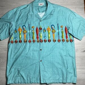 Pacific Legend Apparel‎ Hawaiian Button Shirt, Sz 2X Made In Hawaii, Blue/Green